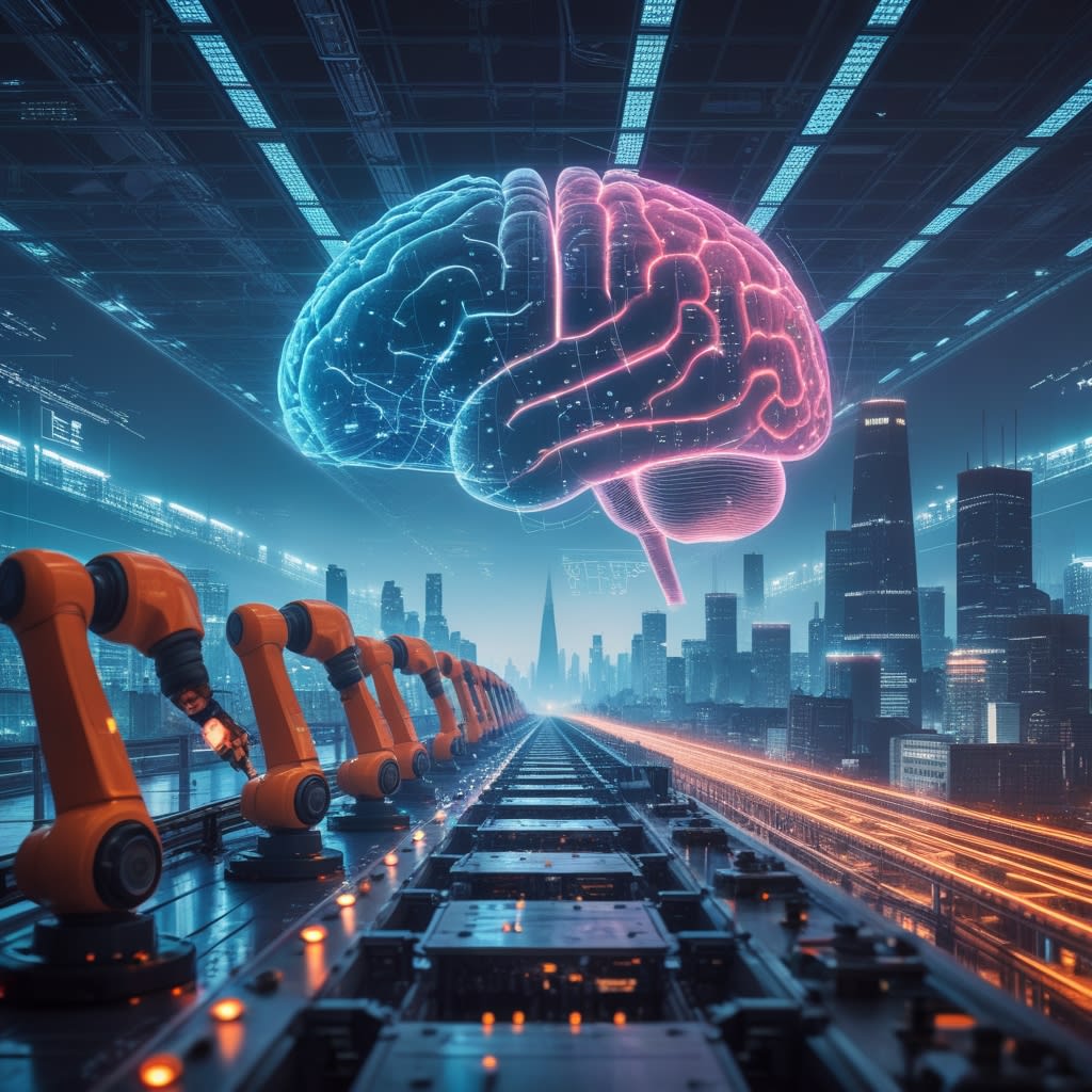 A robotic industrial landscape beneath a glowing digital brain suspended above a smart city skyline, with high-speed data pathways running between them.